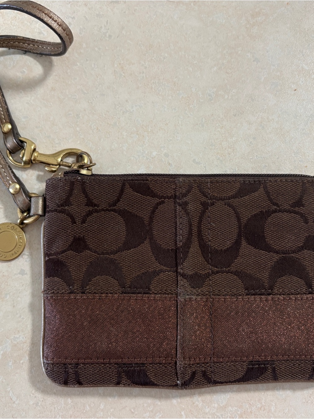 Coach Dark Brown Signature Canvas Wristlet with Gold Hardware